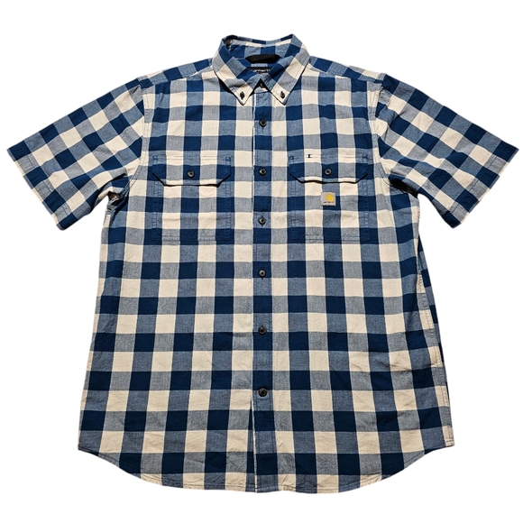 Carhartt Blue Plaid Button Down Short Sleeve Shirt Men’s Size Medium Loose Fit - Picture 1 of 8